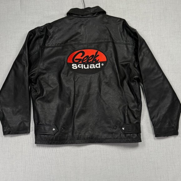 Geek Squad Leather Racing Stripe Jacket Black Orange Cream PC Techies Size L - Picture 1 of 15